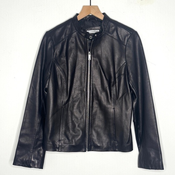 Calvin Klein Black Leather Jacket Fitted Silhouette Zippered Front - Picture 2 of 5
